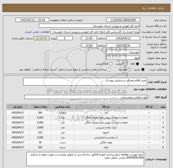 استعلام خرید اقلام مصرفی و پذیرایی پیوست