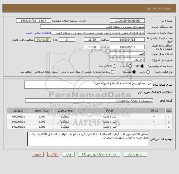 استعلام خرید مصالح بیس (شکسته 06 ،نخودی و بادامی)