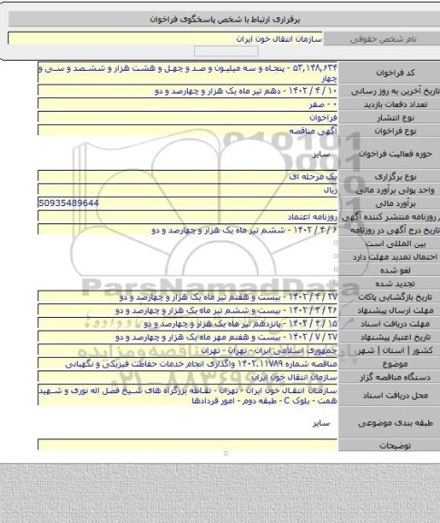 مناقصه, مناقصه شماره ۱۴۰۲.۱۱۷۸۹ واگذاری انجام خدمات حفاظت فیزیکی و نگهبانی