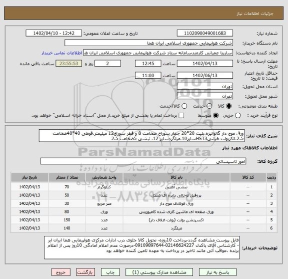 استعلام ورق موج دار گالوانیزه،پلیت 20*20 چهار سوراخ ضخامت 8 و قطر سوراخ12 میلیمتر،قوطی 40*40ضخامت 2.5،انکربولت هیلتیHST3سایز10،میلگردسایز 12، نبشی 5ضخامت 2.5