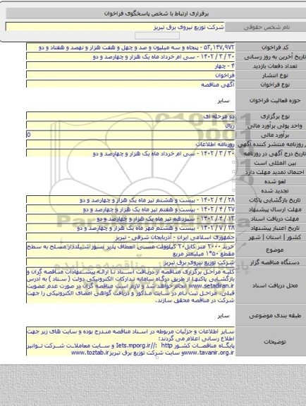 مناقصه, خرید ۲۰۰۰ متر کابل۲۰ کیلوولت مسی انعطاف پذیر نسوز شیلددار مسلح به سطح مقطع ۵۰*۱ میلیمتر مربع