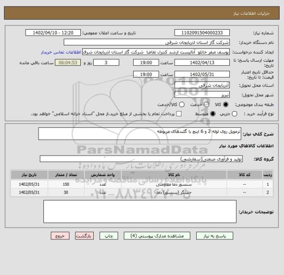 استعلام ترمویل روی لوله 2 و 6 اینچ با گلندهای مربوطه