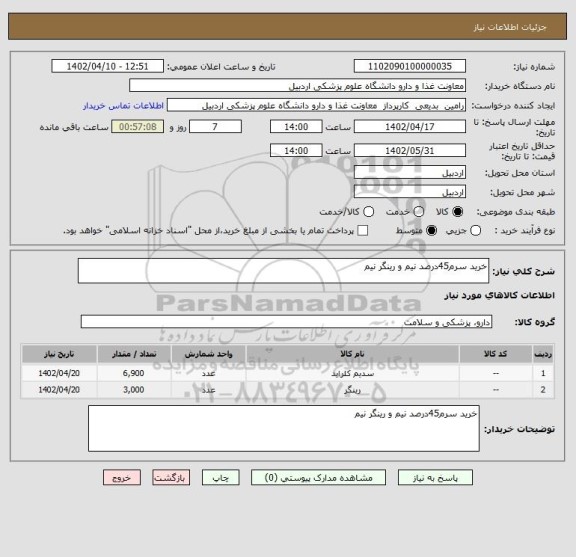 استعلام خرید سرم45درصد نیم و رینگر نیم