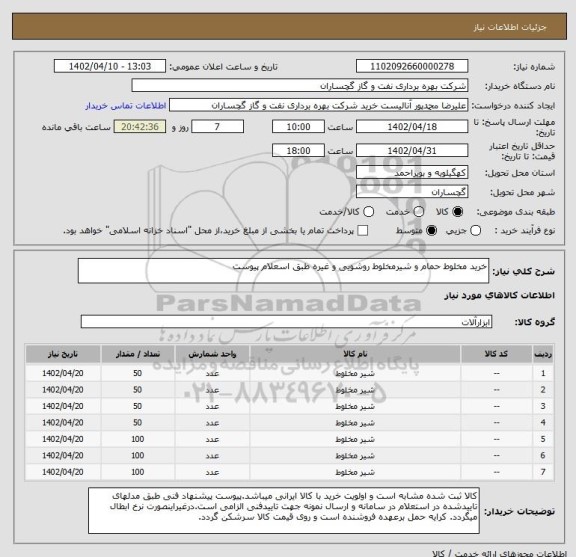 استعلام خرید مخلوط حمام و شیرمخلوط روشویی و غیره طبق اسعلام پیوست