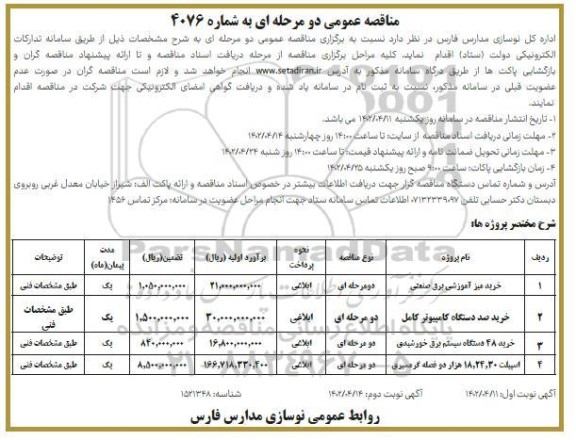 مناقصه خرید میز آموزشی برق صنعتی ...