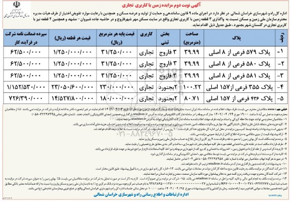 آگهی نوبت اول مزایده زمین با کاربری تجاری نوبت دوم 