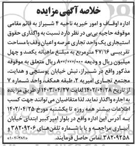خلاصه آگهی مزایده, مزایده واگذاری حقوق استیجاری یک واحد تجاری