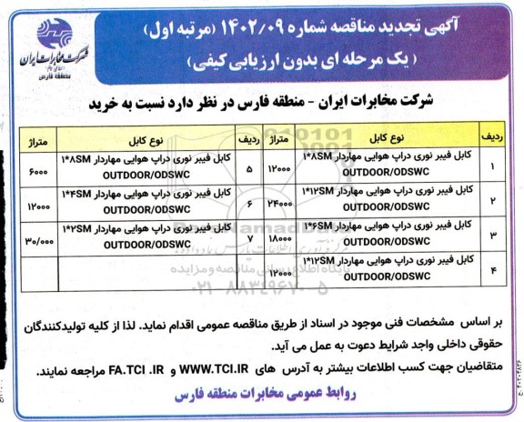 تجدید مناقصه خرید کابل فیبر نوری دراپ هوایی مهاردار ...