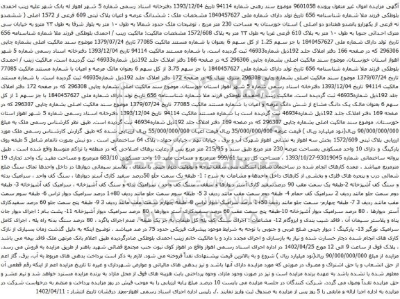 آگهی مزایده ششدانگ عرصه و اعیان پلاک ثبتی 609 فرعی از 1572 اصلی