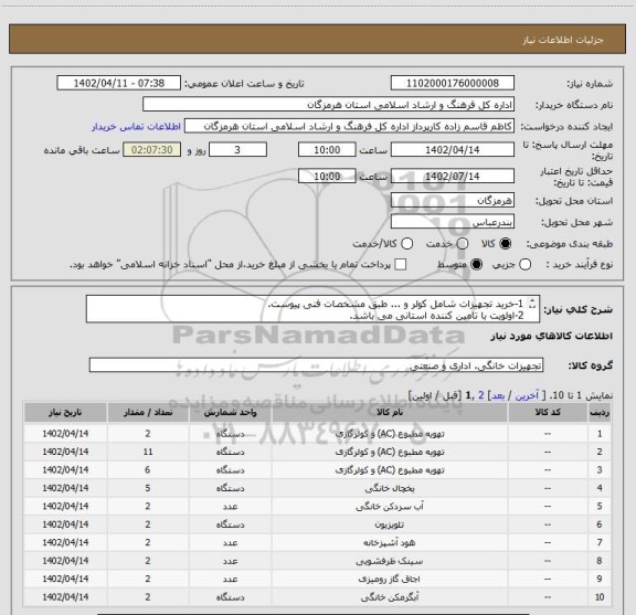 استعلام 1-خرید تجهیزات شامل کولر و ... طبق مشخصات فنی پیوست.
2-اولویت با تامین کننده استانی می باشد.
3-پرداخت بصورت نقدی می باشد.