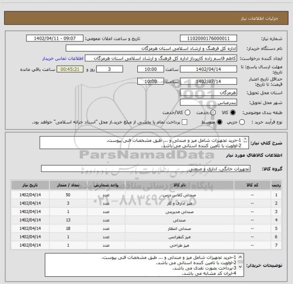 استعلام 1-خرید تجهیزات شامل میز و صندلی و ... طبق مشخصات فنی پیوست.
2-اولویت با تامین کننده استانی می باشد.
3-پرداخت بصورت نقدی می باشد.