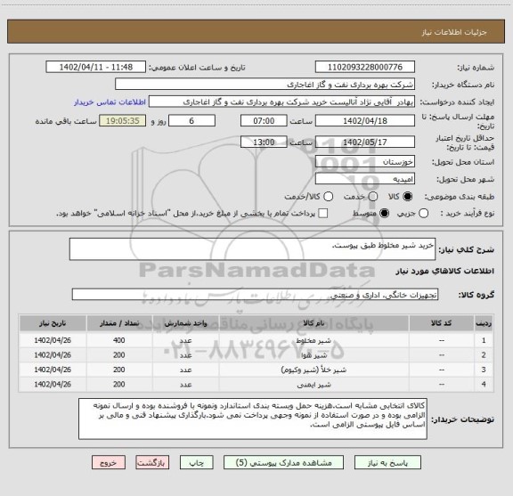 استعلام خرید شیر مخلوط طبق پیوست.