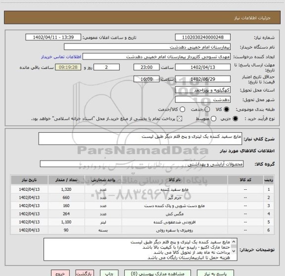 استعلام مایع سفید کننده یک لیتری و پنج قلم دیگر طبق لیست