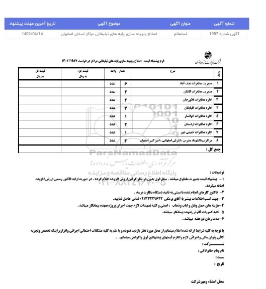 استعلام اصلاح و بهینه سازی پایه های تبلیغاتی مراکز استان