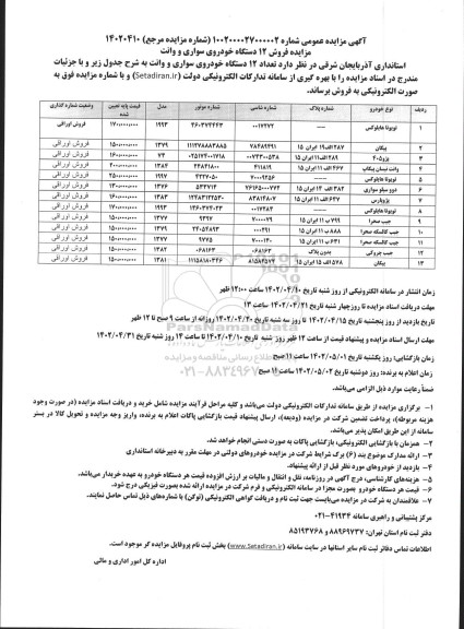 مزایده فروش 12 دستگاه خودروی سواری و وانت 