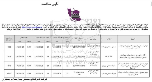 مناقصه تهیه ی مصالح و اجرای شبکه ی برق فشار متوسط ناحیه ی صنعتی  و ...