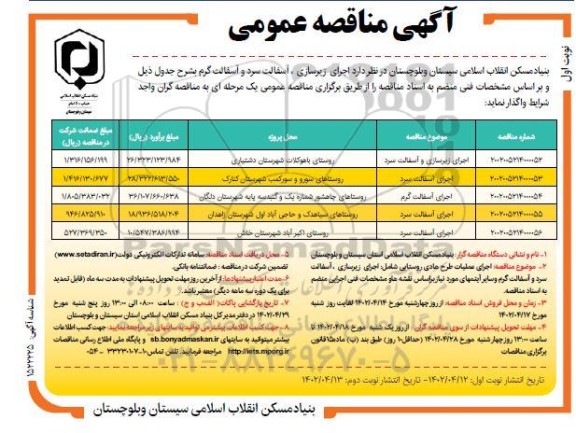 مناقصه عمومی اجرای زیرسازی، آسفالت گرم و آسفالت سرد 