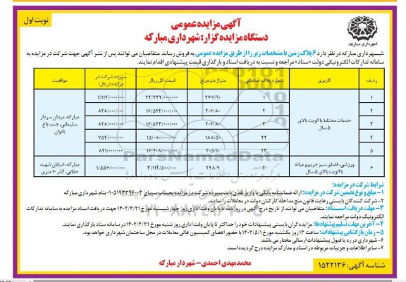 مزایده فروش 6 پلاک زمین