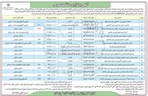 مناقصه عمومی احداث سالن ورزشی 2500 نفری... - نوبت دوم