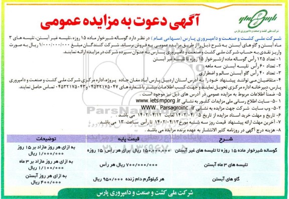 مزایده گوساله شیر خوار ماده 15 روزه ، تلیسه غیر آبستن ، تلیسه های 3 ماه آبستن و گاوهای آبستن 