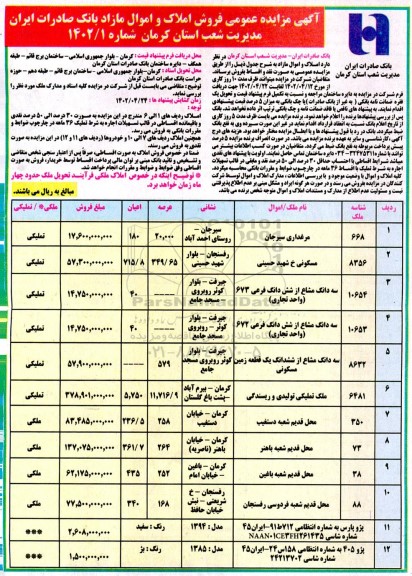 مزایده فروش املاک و اموال مازاد بانک