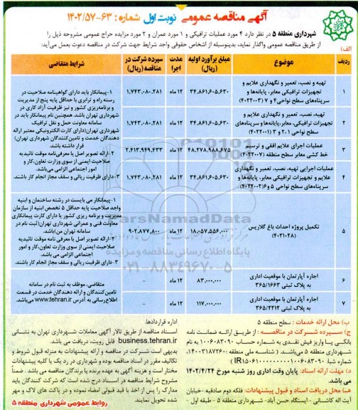 مناقصه و مزایده تهیه و نصب، تعمیر و نگهداری علائم و تجهیزات ترافیکی معابر، پایانه ها و ...