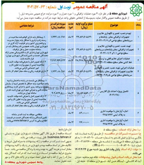 مناقصه و مزایده تهیه و نصب، تعمیر و نگهداری علائم و تجهیزات ترافیکی معابر، پایانه ها و ...