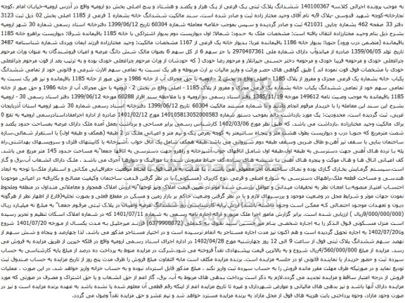 آگهی مزایده ششدانگ پلاک ثبتی یک فرعی از یک هزار و یکصد و هشتاد و پنج اصلی