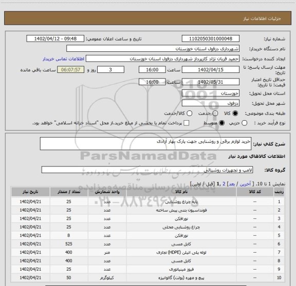 استعلام خرید لوازم برقی و روشنایی جهت پارک بهار آزادی