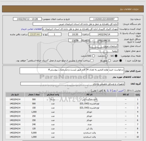 استعلام درخواست خرید لوازم التحریر به تعداد 34 قلم طبق لیست و مشخصات پیوستی#