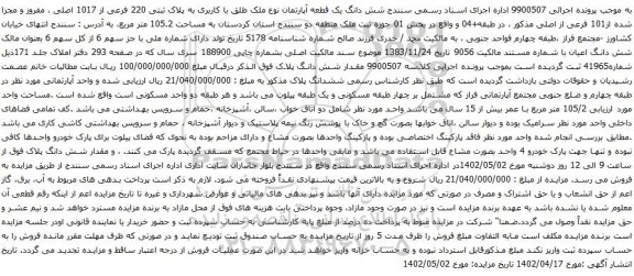 آگهی مزایده شش دانگ یک قطعه آپارتمان نوع ملک طلق با کاربری به پلاک ثبتی 220 فرعی از 1017 اصلی