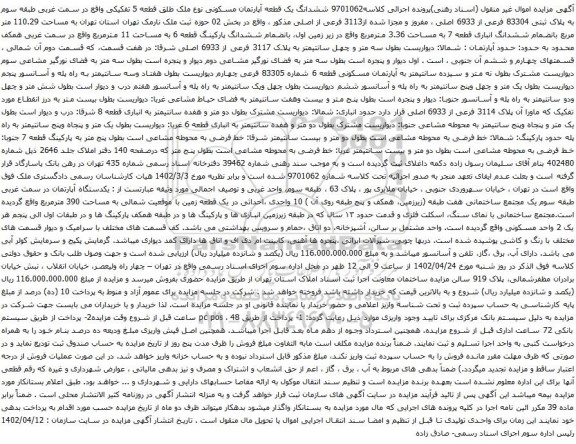 آگهی مزایده ششدانگ یک قطعه آپارتمان مسکونی نوع ملک طلق قطعه 5 تفکیکی