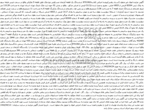 آگهی مزایده ششدانگ یک قطعه آپارتمان مسکونی نوع ملک طلق قطعه 5 تفکیکی