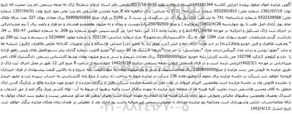 آگهی مزایده سیستم و تیپ: پژو 206