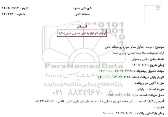 استعلام مرمت جداول معابر سواره رو منطقه ثامن