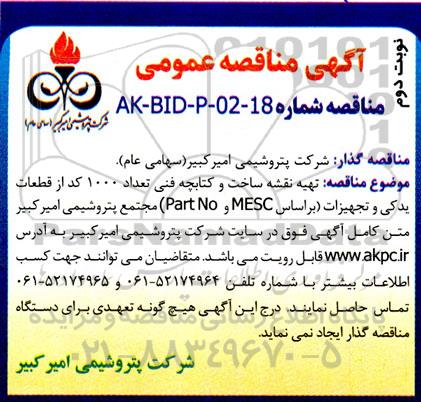 مناقصه تهیه نقشه ساخت و کتابچه فنی تعداد 1000 کد از قطعات یدکی و تجهیزات (براساس MESC و Part No)  ـ نوبت دوم