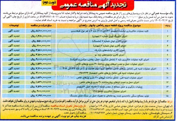 تجدید مناقصه کلیه عملیات خاکبرداری ترانشه .....نوبت دوم