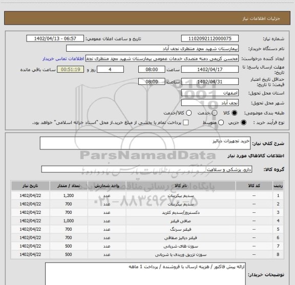 استعلام خرید تجهیزات دیالیز