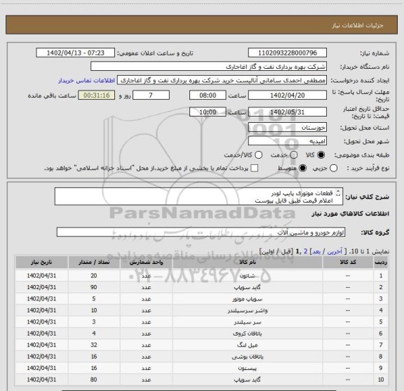 استعلام قطعات موتوری پایپ لودر
اعلام قیمت طبق فایل پیوست
بارگذاری مشخصات فنی الزامیست