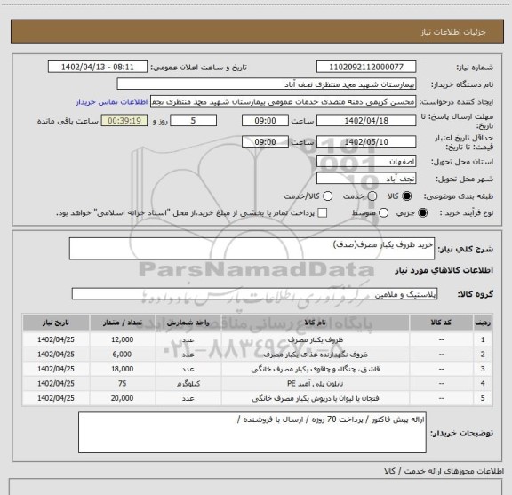 استعلام خرید ظروف یکبار مصرف(صدف)