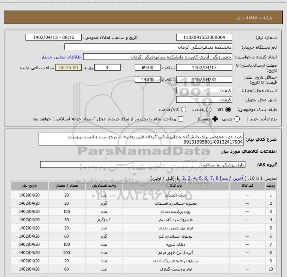 استعلام خرید مواد عمومی برای دانشکده دندانپزشکی کرمان طبق توضیحات درخواست و لیست پیوست 09132417934-09131995801