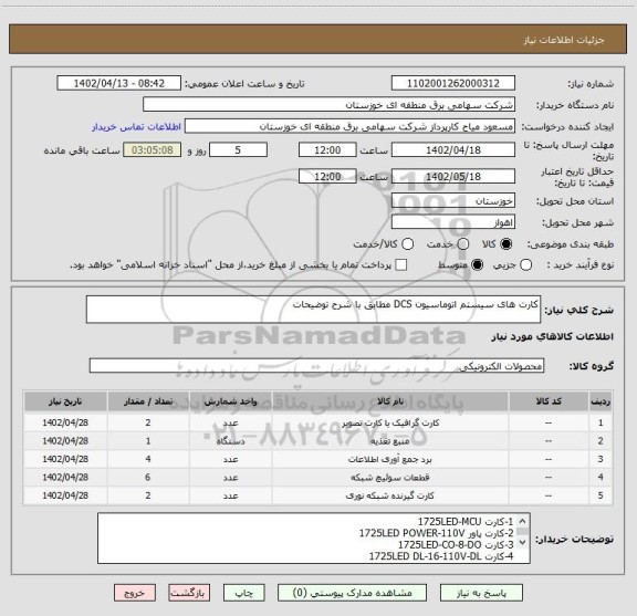 استعلام کارت های سیستم اتوماسیون DCS مطابق با شرح توضیحات