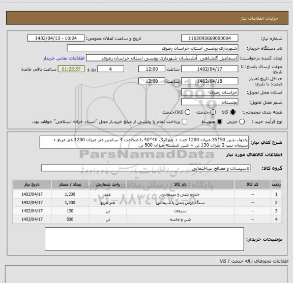 استعلام جدول بتنی 50*35 میزان 1200 عدد + موزائیک 40*40 با ضخامت 4 سانتی متر میزان 1200 متر مربع + سیمان تیپ 2 میزان 130 تن + شن شسته میزان 500 تن