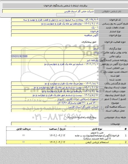 مناقصه, ۷۲۰۰ متر و ۲۲۰ فقره پاسارگاد ۱۴۰۲/۳۶