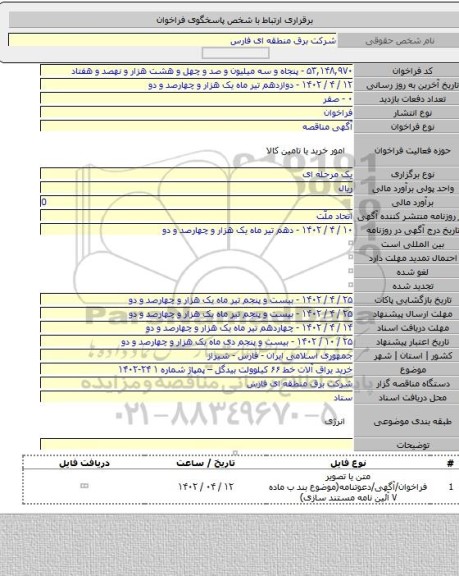 مناقصه, خرید یراق آلات خط ۶۶ کیلوولت بیدگل – پمپاژ شماره ۱  ۲۴-۱۴۰۲