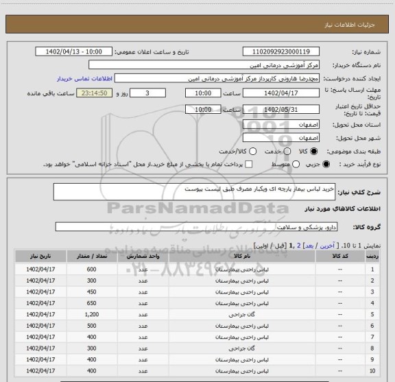 استعلام خرید لباس بیمار پارچه ای ویکبار مصرف طبق لیست پیوست