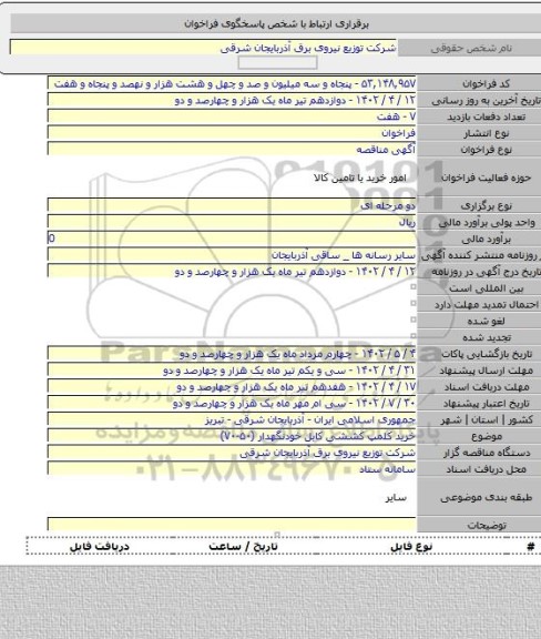 مناقصه, خرید کلمپ کششی کابل خودنگهدار (۵۰-۷۰)