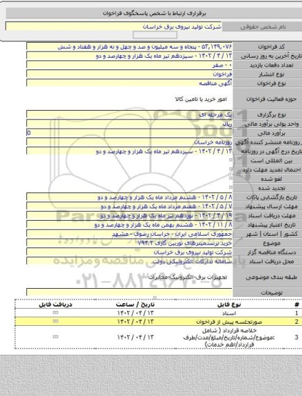 مناقصه, خرید ترنسمیترهای توربین گازی V۹۴.۲