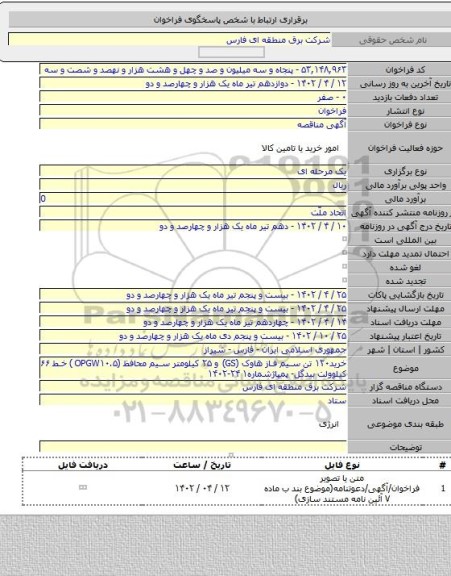 مناقصه, خرید۱۲۰ تن سیم فاز هاوک (GS) و ۲۵ کیلومتر سیم محافظ (OPGW۱۰.۵ ) خط ۶۶ کیلوولت بیدگل- پمپاژشماره۱ ۲۴-۱۴۰۲