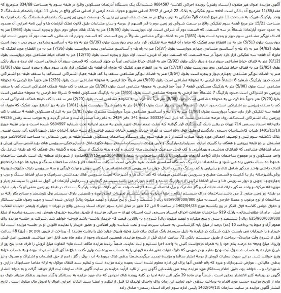 آگهی مزایده ششدانگ یک دستگاه آپارتمان مسکونی واقع در طبقه سوم به مساحت 334/68 مترمربع